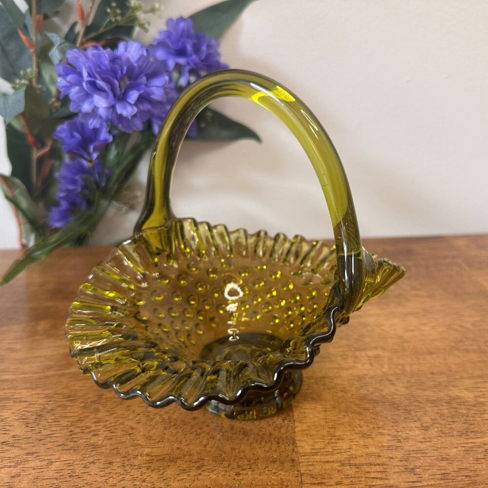 Fenton Hobnail Glass Basket Olive Green Vintage Ruffled Edge Pedestal Handle